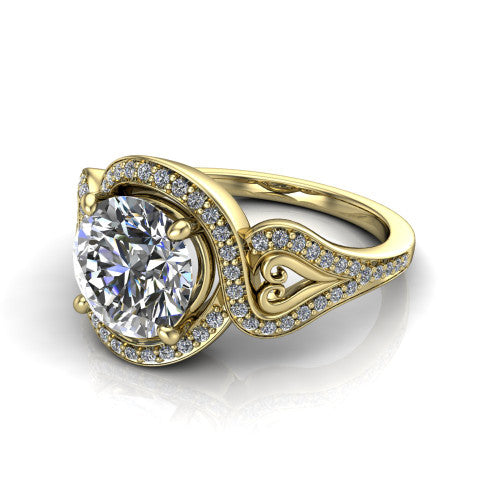 Elisa round vintage halo engagement ring in 14K Yellow Gold, three-quarter perspective showing the round center diamond, pave halo, and vintage filigree heart-scroll shoulders