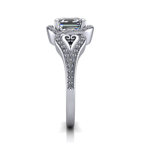 Elisa square emerald-cut vintage halo engagement ring in 18K White Gold, side profile showing the split shoulders, filigree detail, and tapered band