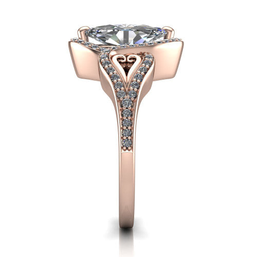 Elisa marquise vintage halo engagement ring in 14K Rose Gold, side profile showing the split shoulders, filigree detail, and tapered band
