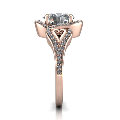 Elisa oval vintage halo engagement ring in 18K Rose Gold, side profile showing the split shoulders, filigree detail, and tapered band