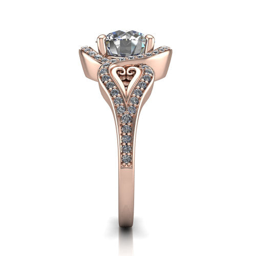 Elisa round vintage halo engagement ring in 18K Rose Gold, side profile showing the split shoulders, filigree detail, and tapered band