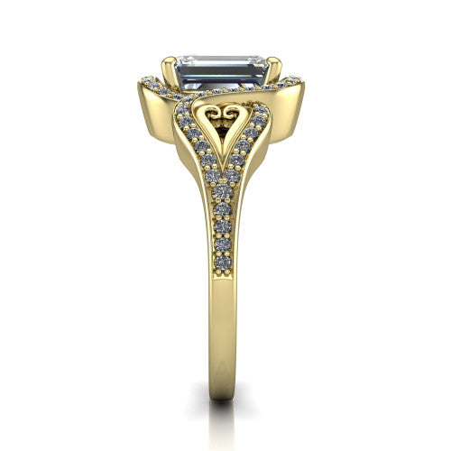 Elisa emerald-cut vintage halo engagement ring in 14K Yellow Gold, side profile showing the split shoulders, filigree detail, and tapered band