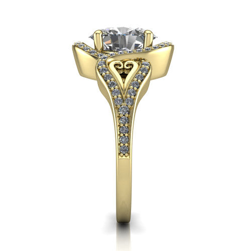 Elisa oval vintage halo engagement ring in 18K Yellow Gold, side profile showing the split shoulders, filigree detail, and tapered band