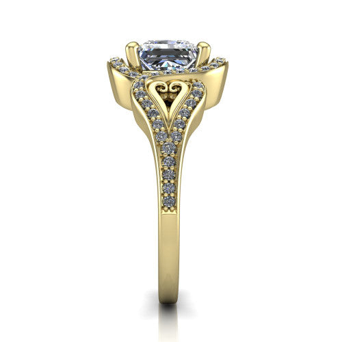 Elisa princess-cut vintage halo engagement ring in 18K Yellow Gold, side profile showing the split shoulders, filigree detail, and tapered band