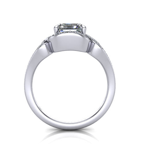 Elisa square emerald-cut vintage halo engagement ring in 14K White Gold, through-finger front profile showing the open under-gallery and filigree scrollwork
