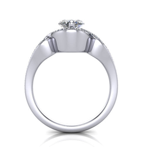 Elisa marquise vintage halo engagement ring in 14K White Gold, through-finger front profile showing the open under-gallery and filigree scrollwork