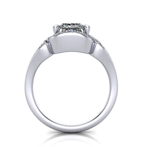 Elisa princess-cut vintage halo engagement ring in 18K White Gold, through-finger front profile showing the open under-gallery and filigree scrollwork