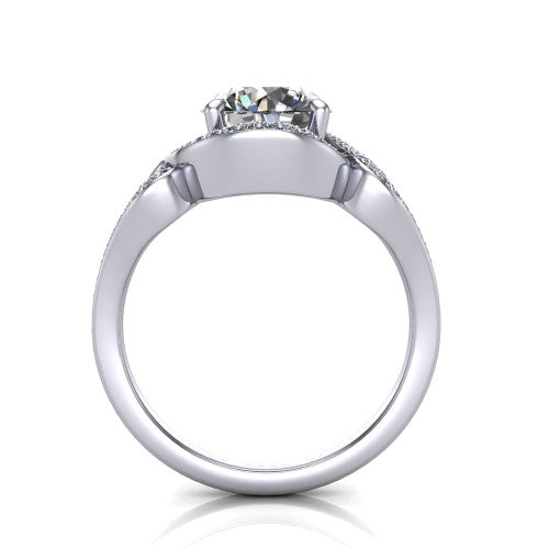 Elisa round vintage halo engagement ring in 18K White Gold, through-finger front profile showing the open under-gallery and filigree scrollwork