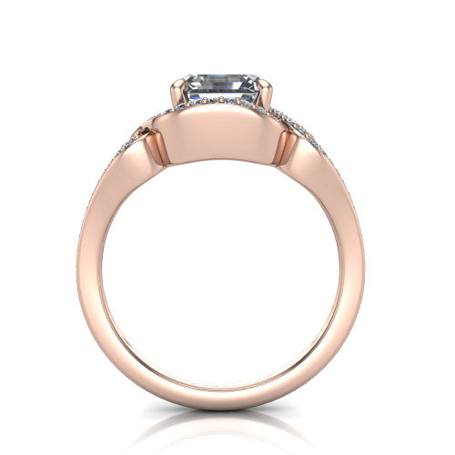 Elisa square emerald-cut vintage halo engagement ring in 18K Rose Gold, through-finger front profile showing the open under-gallery and filigree scrollwork