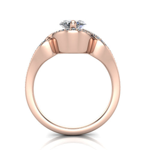 Elisa marquise vintage halo engagement ring in 14K Rose Gold, through-finger front profile showing the open under-gallery and filigree scrollwork