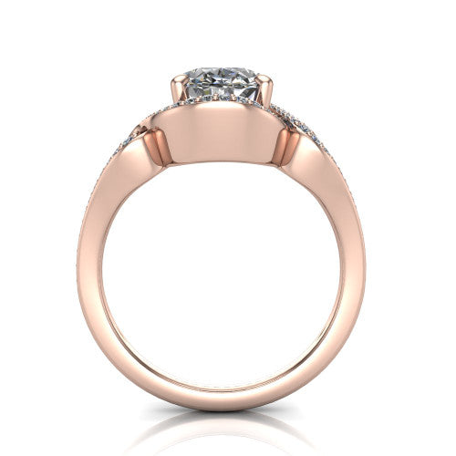 Elisa oval vintage halo engagement ring in 18K Rose Gold, through-finger front profile showing the open under-gallery and filigree scrollwork
