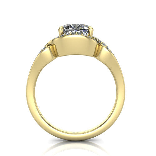Elisa cushion vintage halo engagement ring in 18K Yellow Gold, through-finger front profile showing the open under-gallery and filigree scrollwork