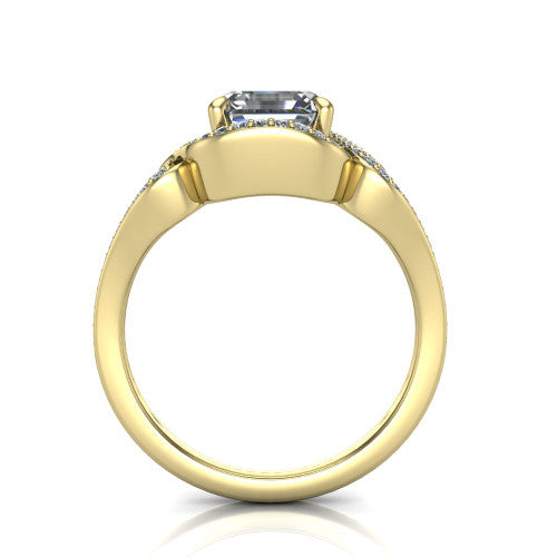 Elisa square emerald-cut vintage halo engagement ring in 14K Yellow Gold, through-finger front profile showing the open under-gallery and filigree scrollwork