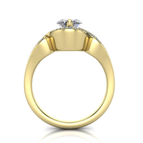 Elisa marquise vintage halo engagement ring in 18K Yellow Gold, through-finger front profile showing the open under-gallery and filigree scrollwork