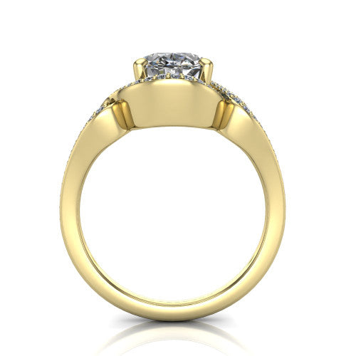 Elisa oval vintage halo engagement ring in 18K Yellow Gold, through-finger front profile showing the open under-gallery and filigree scrollwork