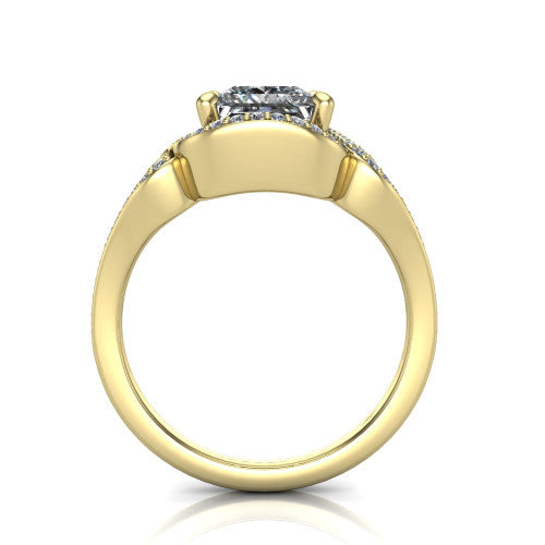 Elisa princess-cut vintage halo engagement ring in 14K Yellow Gold, through-finger front profile showing the open under-gallery and filigree scrollwork