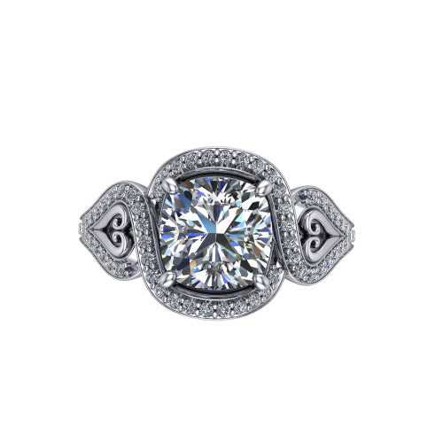 Elisa cushion vintage halo engagement ring in Platinum, top-down view showing the cushion center diamond framed by the pave halo with milgrain edge