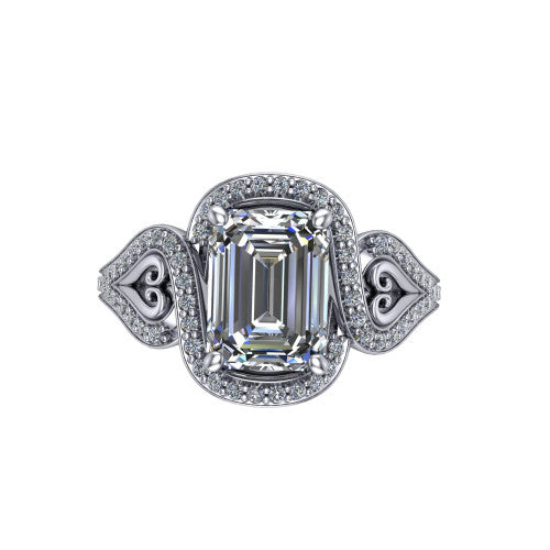 Elisa emerald-cut vintage halo engagement ring in 14K White Gold, top-down view showing the emerald-cut center diamond framed by the pave halo with milgrain edge