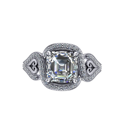 Elisa square emerald-cut vintage halo engagement ring in Platinum, top-down view showing the square emerald-cut center diamond framed by the pave halo with milgrain edge