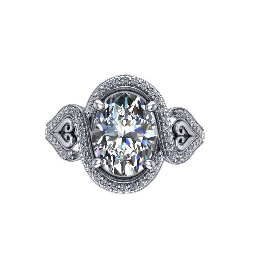 Elisa oval vintage halo engagement ring in 18K White Gold, top-down view showing the oval center diamond framed by the pave halo with milgrain edge