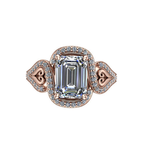 Elisa emerald-cut vintage halo engagement ring in 18K Rose Gold, top-down view showing the emerald-cut center diamond framed by the pave halo with milgrain edge