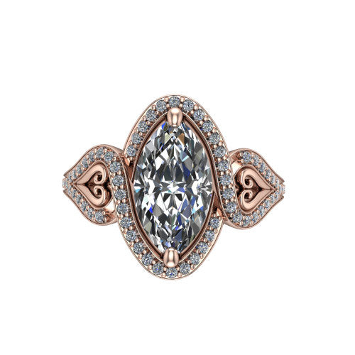 Elisa marquise vintage halo engagement ring in 18K Rose Gold, top-down view showing the marquise center diamond framed by the pave halo with milgrain edge