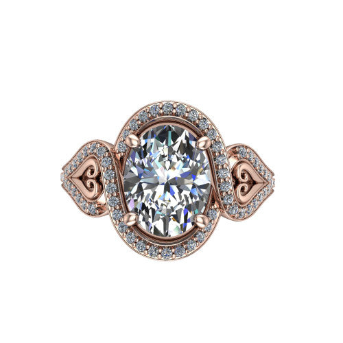 Elisa oval vintage halo engagement ring in 18K Rose Gold, top-down view showing the oval center diamond framed by the pave halo with milgrain edge