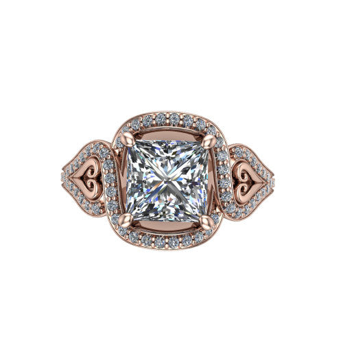 Elisa princess-cut vintage halo engagement ring in 14K Rose Gold, top-down view showing the princess-cut center diamond framed by the pave halo with milgrain edge