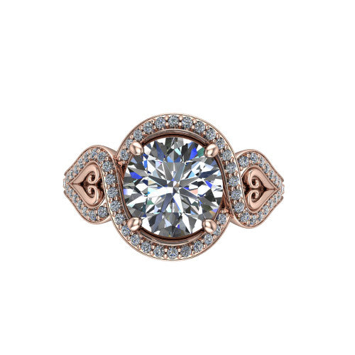 Elisa round vintage halo engagement ring in 18K Rose Gold, top-down view showing the round center diamond framed by the pave halo with milgrain edge