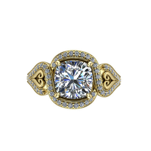 Elisa cushion vintage halo engagement ring in 14K Yellow Gold, top-down view showing the cushion center diamond framed by the pave halo with milgrain edge