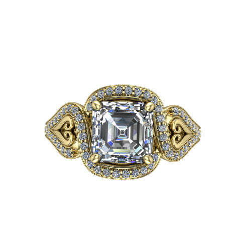 Elisa square emerald-cut vintage halo engagement ring in 18K Yellow Gold, top-down view showing the square emerald-cut center diamond framed by the pave halo with milgrain edge