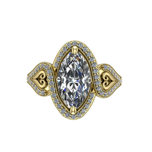 Elisa marquise vintage halo engagement ring in 14K Yellow Gold, top-down view showing the marquise center diamond framed by the pave halo with milgrain edge