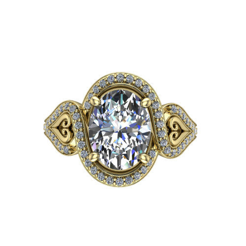 Elisa oval vintage halo engagement ring in 18K Yellow Gold, top-down view showing the oval center diamond framed by the pave halo with milgrain edge
