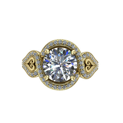 Elisa round vintage halo engagement ring in 14K Yellow Gold, top-down view showing the round center diamond framed by the pave halo with milgrain edge
