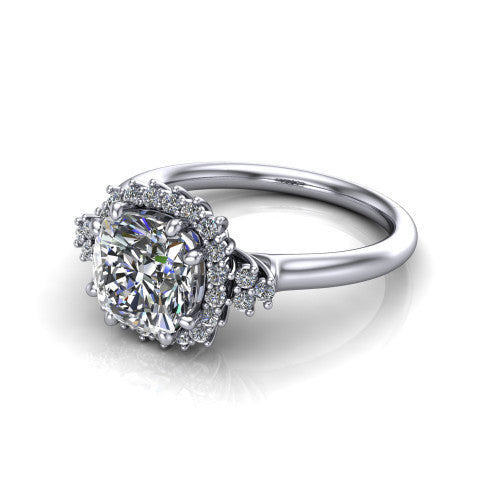 Elaine cushion floral halo engagement ring in 14K White Gold, three-quarter perspective showing the cushion center diamond framed by the floral pave halo and shoulder accents