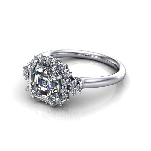 Elaine square emerald-cut floral halo engagement ring in 14K White Gold, three-quarter perspective showing the square emerald-cut center diamond framed by the floral pave halo and shoulder accents