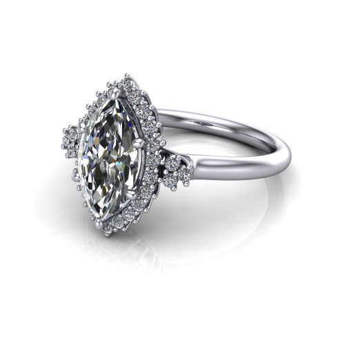 Elaine marquise floral halo engagement ring in Platinum, three-quarter perspective showing the marquise center diamond framed by the floral pave halo and shoulder accents