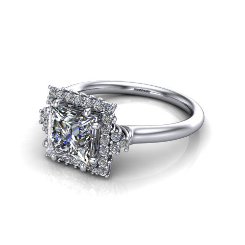 Elaine princess-cut floral halo engagement ring in Platinum, three-quarter perspective showing the princess-cut center diamond framed by the floral pave halo and shoulder accents