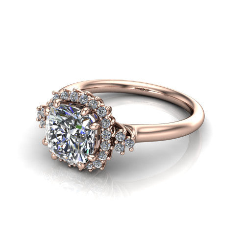 Elaine cushion floral halo engagement ring in 14K Rose Gold, three-quarter perspective showing the cushion center diamond framed by the floral pave halo and shoulder accents
