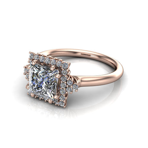 Elaine princess-cut floral halo engagement ring in 18K Rose Gold, three-quarter perspective showing the princess-cut center diamond framed by the floral pave halo and shoulder accents