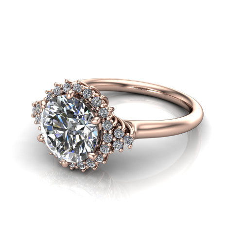 Elaine round floral halo engagement ring in 14K Rose Gold, three-quarter perspective showing the round center diamond framed by the floral pave halo and shoulder accents