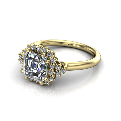 Elaine square emerald-cut floral halo engagement ring in 18K Yellow Gold, three-quarter perspective showing the square emerald-cut center diamond framed by the floral pave halo and shoulder accents