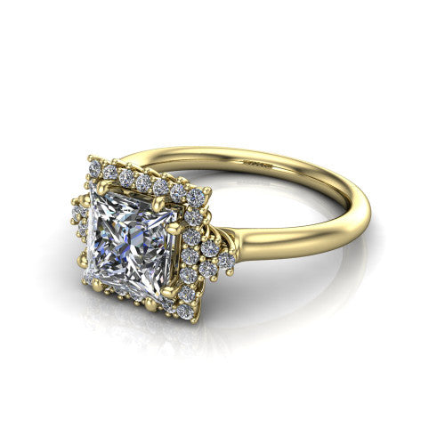 Elaine princess-cut floral halo engagement ring in 18K Yellow Gold, three-quarter perspective showing the princess-cut center diamond framed by the floral pave halo and shoulder accents