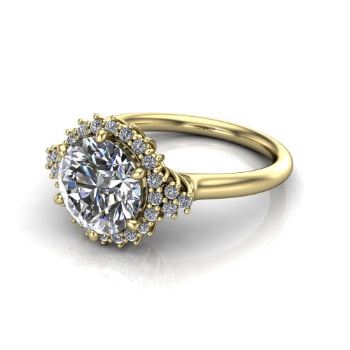Elaine round floral halo engagement ring in 14K Yellow Gold, three-quarter perspective showing the round center diamond framed by the floral pave halo and shoulder accents