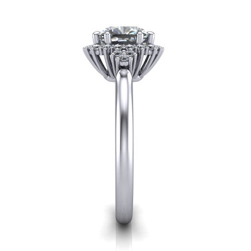 Elaine cushion floral halo engagement ring in Platinum, side profile showing the cathedral rise, floral pave halo, and slender high-polish band