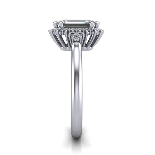 Elaine emerald-cut floral halo engagement ring in 18K White Gold, side profile showing the cathedral rise, floral pave halo, and slender high-polish band