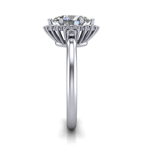 Elaine oval floral halo engagement ring in Platinum, side profile showing the cathedral rise, floral pave halo, and slender high-polish band