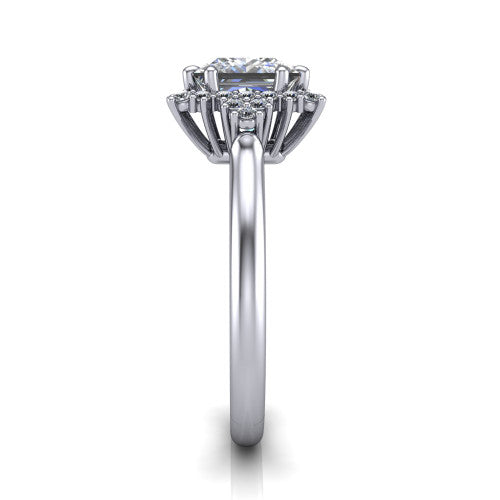 Elaine princess-cut floral halo engagement ring in 18K White Gold, side profile showing the cathedral rise, floral pave halo, and slender high-polish band