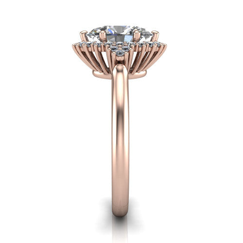 Elaine oval floral halo engagement ring in 18K Rose Gold, side profile showing the cathedral rise, floral pave halo, and slender high-polish band