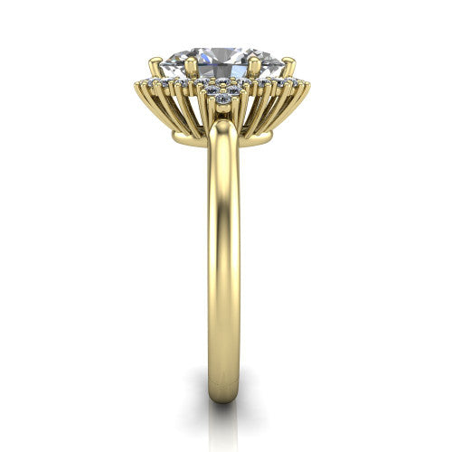 Elaine oval floral halo engagement ring in 14K Yellow Gold, side profile showing the cathedral rise, floral pave halo, and slender high-polish band